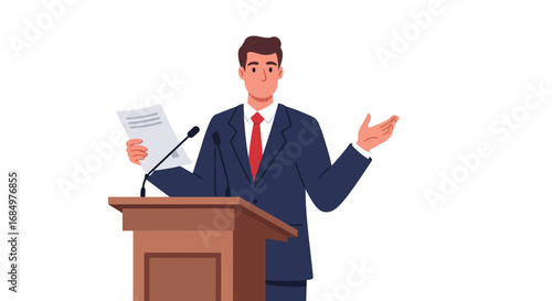 A confident man in a formal suit delivering a public speech from a wooden lectern, holding notes and gesturing.
