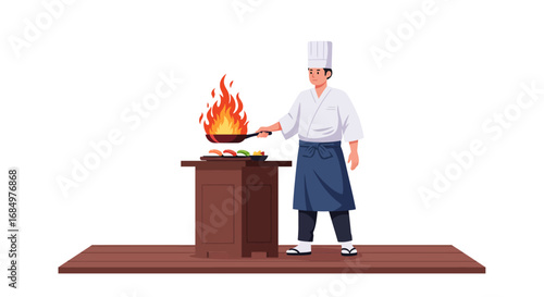 A chef in traditional Japanese attire cooks food over flames on a tabletop grill.
