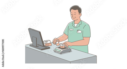 A pharmacist working at a pharmacy counter, weighing and processing medication.