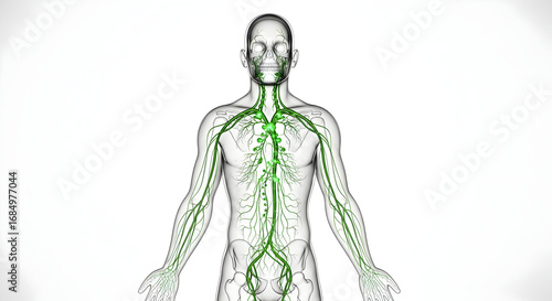A 3D visualization of the full body of  human lymphatic system, with glowing green lymph nodes and branching vessels across a simplified transparent body silhouette, set on a white background.
