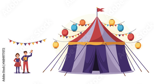Circus tent with performers and festive decorations ready for a show.