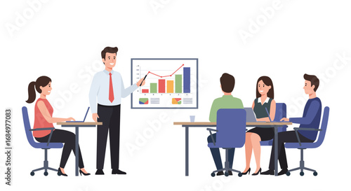 A man presenting a chart to a group of colleagues in a meeting, using a pointer while they take notes on laptops.