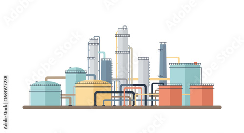 Illustration of an industrial plant with tanks, pipes, and towers.