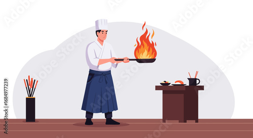 A professional Japanese chef in a traditional uniform skillfully cooks with a flaming frying pan.