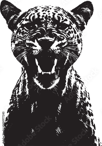Jaguar Portrait Vector Illustration Showing Teeth Wild Animal Black and White Design Creative Graphic Resource for Print and Digital Media