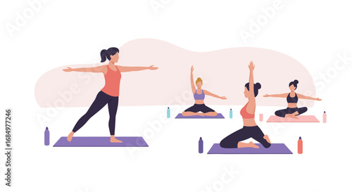 A group of women practicing yoga in a studio, with an instructor leading the session and participants holding various poses on mats.