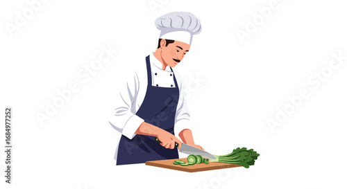 A skilled chef in a white uniform and apron meticulously chops fresh vegetables on a wooden cutting board with a sharp knife.