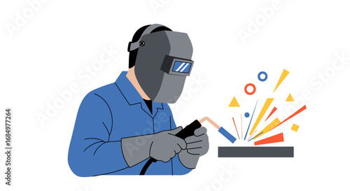A welder wearing protective gear welds metal with sparks flying in an industrial setting.