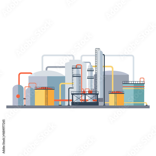 Illustration of an industrial plant with tanks and pipes.