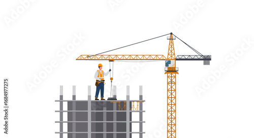 A construction worker stands atop a building framework, overseeing operations with a towering yellow crane.