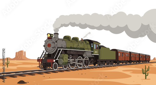 An illustration of a vintage green steam train traveling through a desert landscape with cacti and rock formations.