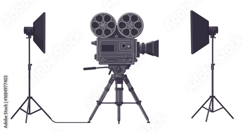 Vintage film camera on a tripod, flanked by two studio lights with softboxes, all isolated on a white background.