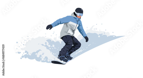 A snowboarder in a blue and white jacket rides down a snowy slope, kicking up snow in a dynamic action pose.