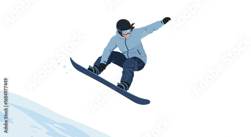 A stylized illustration of a snowboarder in mid-air performing a jump.