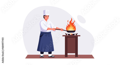 A chef in traditional Japanese attire cooks with a flaming pan.