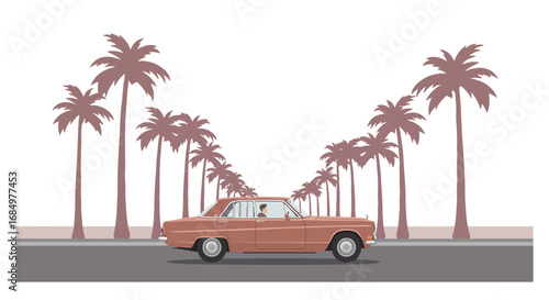 Vintage car drives down a palm tree lined avenue.