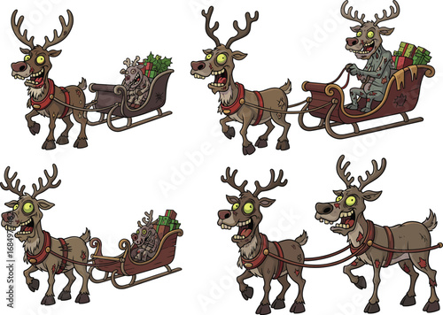 Funny zombie reindeer pulling sleigh with undead creatures and Christmas presents, creepy holiday illustration, spooky cartoon, Halloween Christmas mix