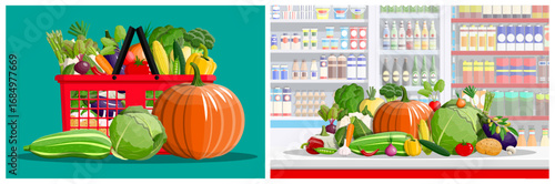 Shopping basket full of fresh raw vegetables and grocery store aisle. Summer harvest and healthy food concept. Supermarket flat vector background.
