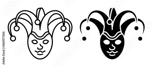 Line icon. Face mask of a circus clown jester wearing a cap headdress with hanging round bells. Simple black and white vector isolated on white background