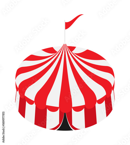 Isometric striped circus tent decorated with a waving flag. Mobile building of circus group. Realistic 3D vector concept isolated on white background
