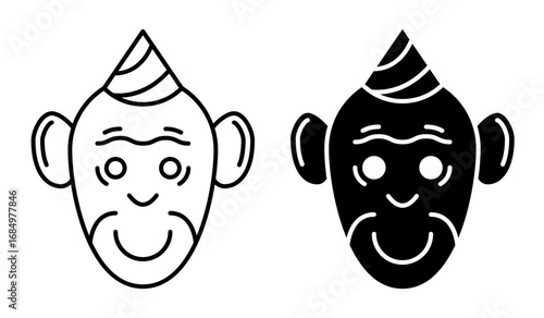 Line icon. Face of a funny circus monkey dressed in a conical cap. Simple black and white vector isolated on white background