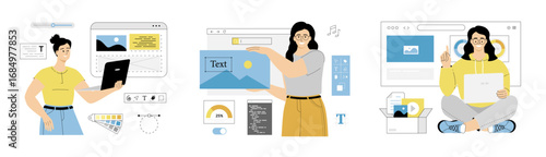 Web Designer. Interface and content presentation design and development. Website layout, composition and color development. Flat vector illustration isolated on white background.