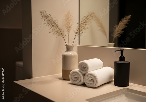 Elegant bathroom countertop with towels, vase, and soap dispenser setup