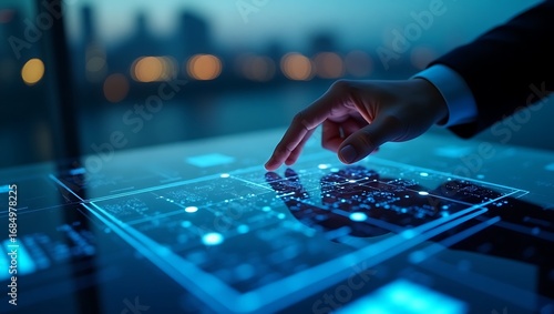 Businessman interacting with a futuristic holographic interface, analyzing complex data visualization and analytics for business intelligence