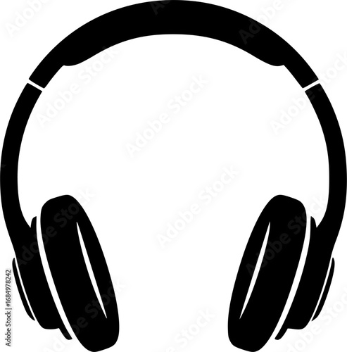 A simple black silhouette of over ear headphones against a white background

