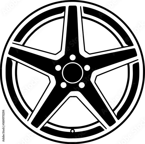 A stark black and white silhouette of a car wheel with five spokes and a central hub

