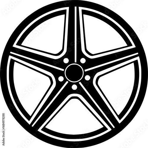 A stark black and white silhouette of a car wheel with five spokes and a central hub
