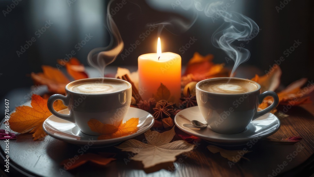 Fototapeta premium Two cups of coffee, autumn leaves, and candle