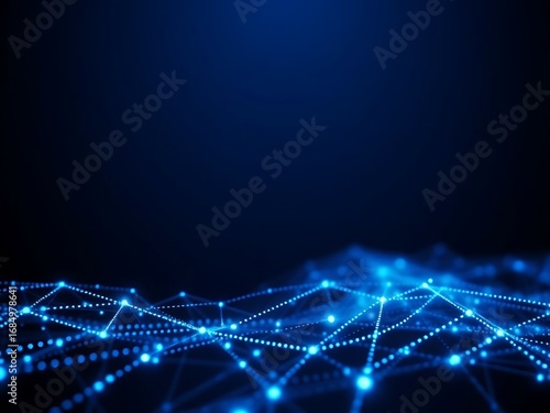 Digital technology background with a glowing blue plexus of interconnected dots and lines representing a data network