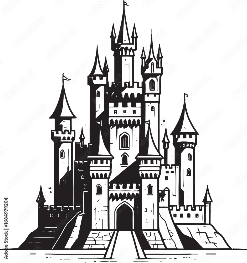 Fototapeta premium Majestic Castle Illustration with Towers and Drawbridge Black and White Fantasy Architecture Design Element for Storybooks and Creative Projects