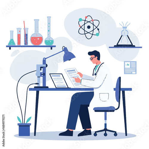 A dedicated doctor meticulously reviews vital data and reports at a laboratory desk, surrounded by essential scientific instruments in a minimalist 2D flat vector illustration.