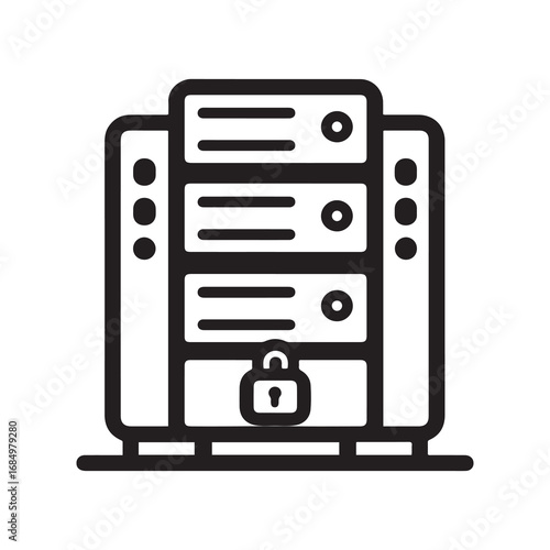 Isolated Outlined Server Rack with Padlock, Data Security Icon Representation