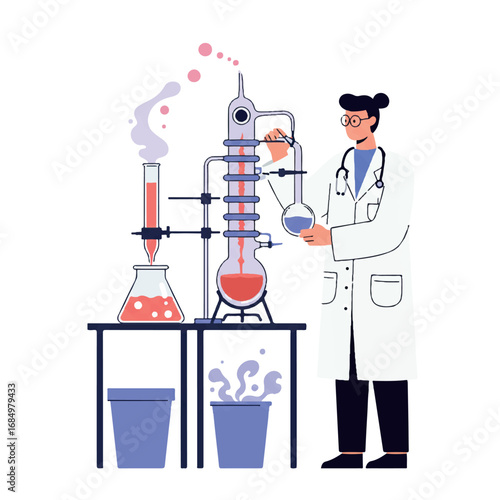 A doctor carefully sets up a chemical distillation apparatus in a modern, well-equipped laboratory, depicted in a minimalist 2D flat vector illustration for web graphics, on white.