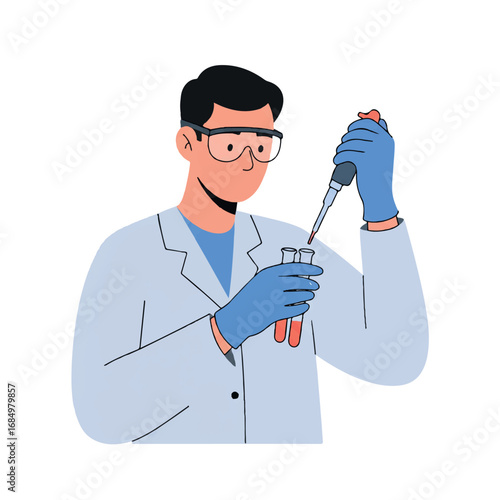 A meticulous doctor in protective goggles and gloves precisely pipetting liquid into test tubes, presented as a clean 2D flat vector illustration.