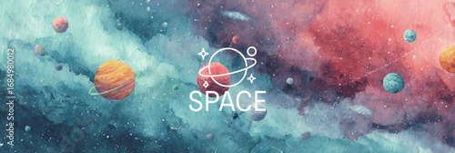 Vibrant space background with colorful planets, cosmic clouds, and stars in a dreamy galaxy. Perfect for science projects, astronomy posters, futuristic designs, and space art.
