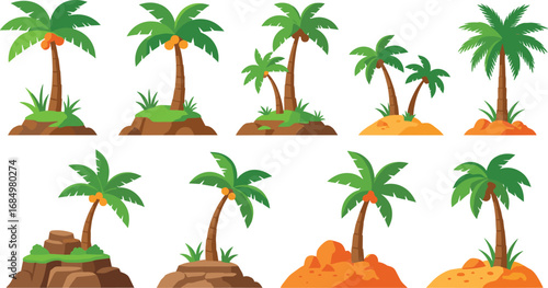 Tropical Island Palm Tree Illustrations Diverse Set of Colorful Cartoon Palm Trees Isolated for Design