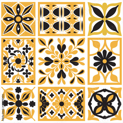 A beautiful medieval yellow and black vector ornament. Elegant lines of royal floral ornamentation on a white background.