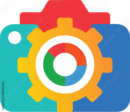 Flat design camera icon with gear symbol in the center