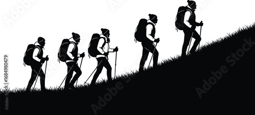 Silhouettes of hikers walking uphill with backpacks and poles for outdoor adventure, teamwork, endurance, nature exploration and vector design use