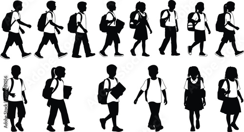 Silhouettes of school children walking with backpacks and books in various poses for vector illustration, education and student life themes
