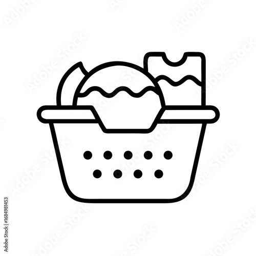 Black line icon of a laundry basket containing folded or dirty clothes, representing washing tasks and home organization.
