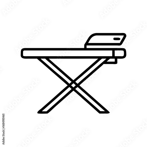 Minimal black line icon of a foldable ironing board, representing laundry tasks, home chores, or garment care equipment.

