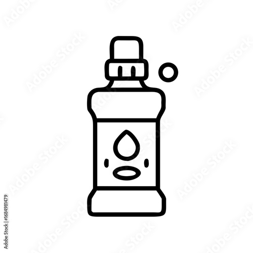 Black outline icon of a plastic bottle with a drop, representing liquid soap, detergent, or disinfectant for cleaning and sanitation.
