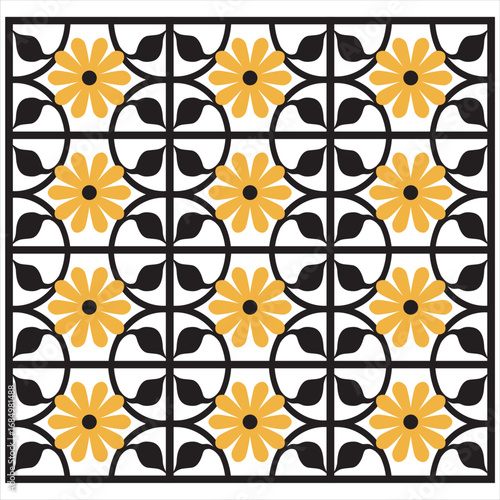 Vector ethnic beautiful yellow and black ornament with a flower. Elegant lines of royal floral ornament on a white background.