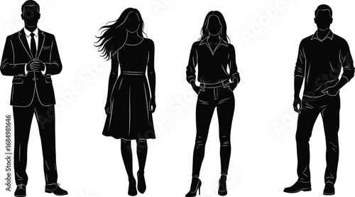 Stylized silhouettes of fashionable individuals in varied outfits and standing poses for fashion reference, posture study, character design and illustration u