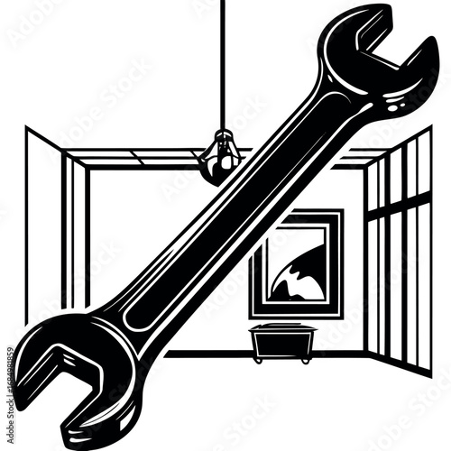 Large black wrench in stark white room with framed art and light fixture tool art installation